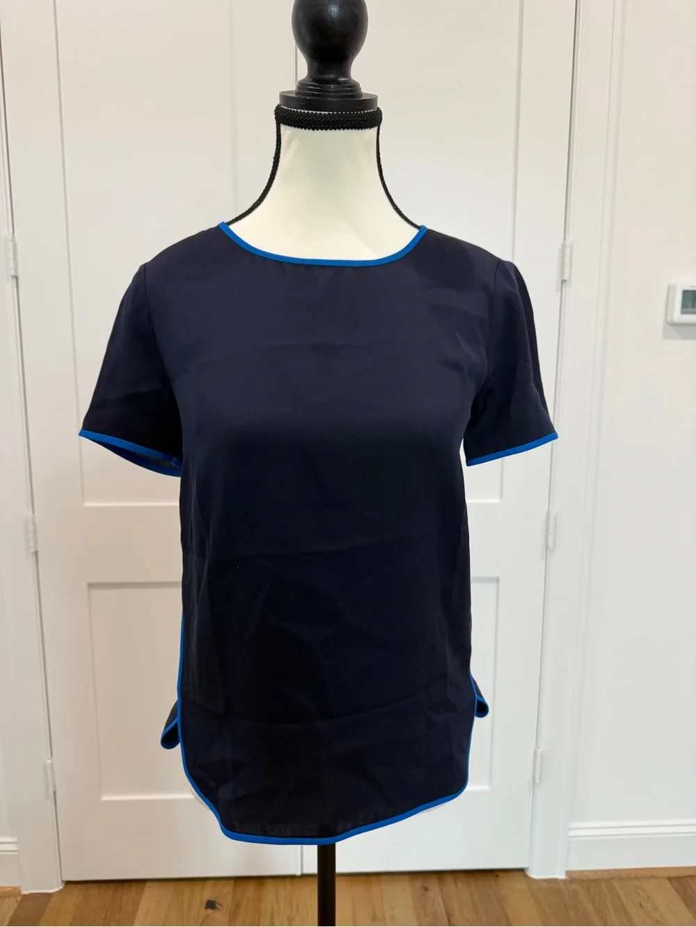 J.Crew Silk Contrast Trim Navy Blouse Blue Trim 00P Petite